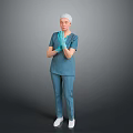 Woman in blue scrubs white cap and blue gloves with hands crossed against gray background