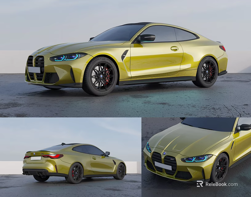 Yellow Sports Coupe Car With Yellow Body Blue Headlights Black Wheels And Red Brake Calipers 3d model 