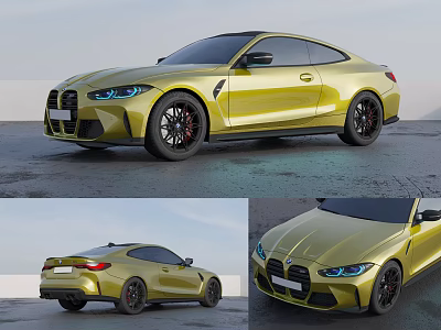 Yellow Sports Coupe Car With Yellow Body Blue Headlights Black Wheels And Red Brake Calipers 3d model