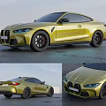 Yellow Sports Coupe Car With Yellow Body Blue Headlights Black Wheels And Red Brake Calipers