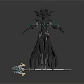 Dark Fantasy Woman In Intricate Black Outfit With Spiked Headdress And Blue Glowing Accents