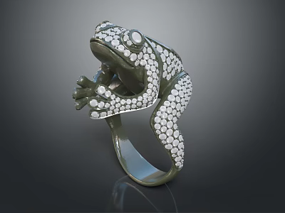 Unique Frog Shaped Ring With Green Metal Base And White Diamond Inlays 3d model