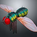 3D Rendered Fly With Red Eyes Green Yellow Body And Transparent Wings Detailed Legs