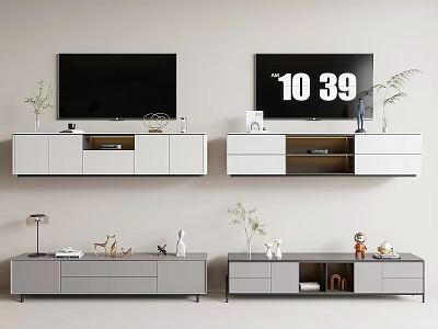 Modern TV Stand With Drawers Storage White Gray Decorative Items And Wall Mounted TV 3d model