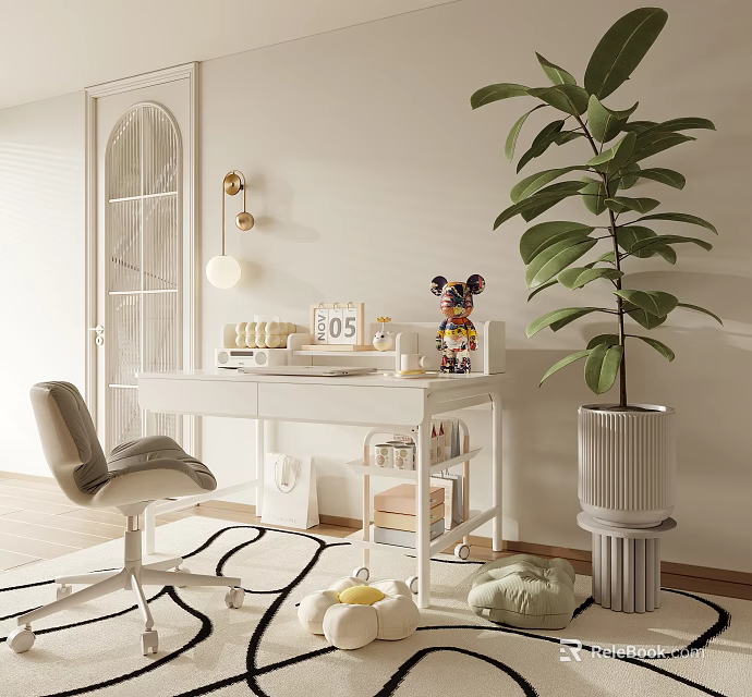 Bright White Desk With Comfortable Chair Large Fiddle Leaf Plant Decor Calendar And Soft Rug 3d model 