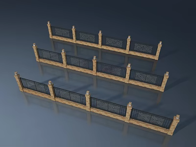 Outdoor Swing Door With Stone Frame And Black Iron Railings Design For Home 3d model