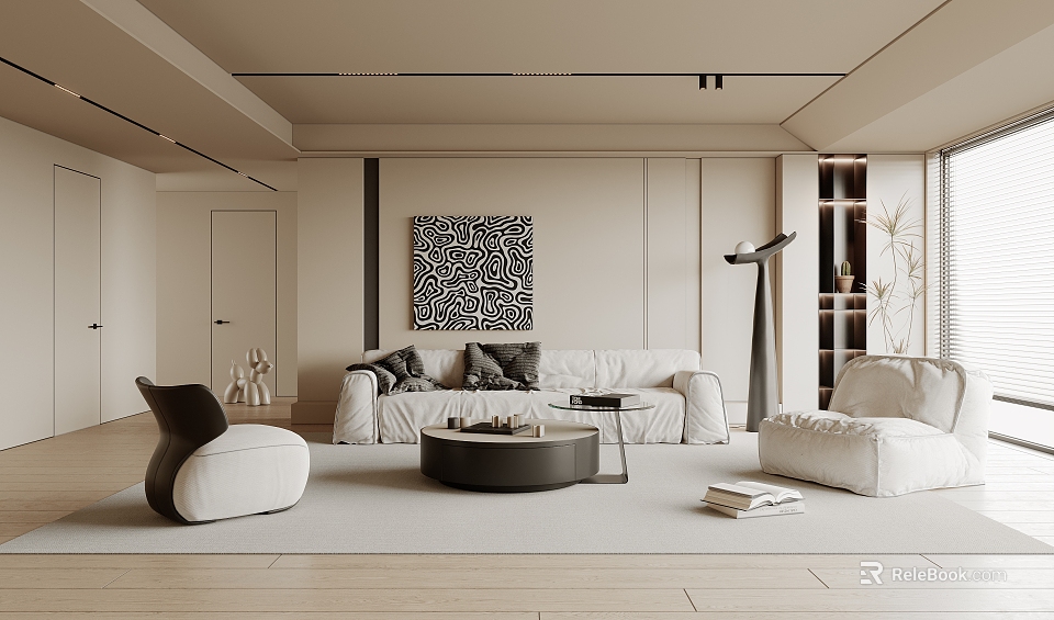 Modern Living Room Interior With Beige Sofa Black Round Coffee Table And Geometric Wall Art 3d model 