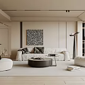 Modern Living Room Interior With Beige Sofa Black Round Coffee Table And Geometric Wall Art