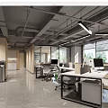 Modern Public Office Space with Open Layout Office Desks Computers Pendant Lights and Large Windows