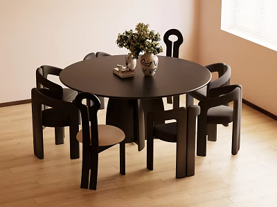 Black Round Dining Table Set With Six Unique Chairs Flower Vase Books On Wooden Floor 3d model