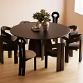Black Round Dining Table Set With Six Unique Chairs Flower Vase Books On Wooden Floor
