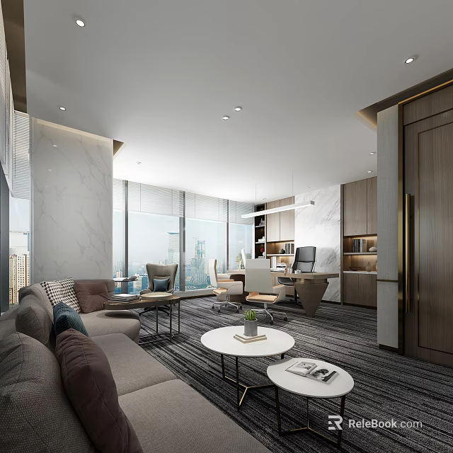 Modern Office Interior With Sofa Coffee Tables Desk And Floor To Ceiling Windows 3d model