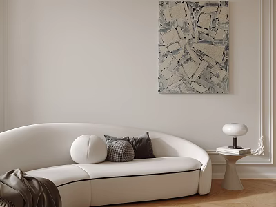White Curved Multi Seater Sofa With Decorative Pillows Side Table Lamp And Abstract Wall Art 3d model
