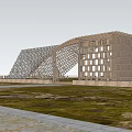Modern Garden Landscape With Wooden Structure Transparent Curved Roof And Grassland Trees