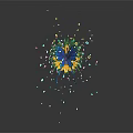 Green Plant with Yellow Flower and Blue Butterfly and Colorful Dots on Black Background