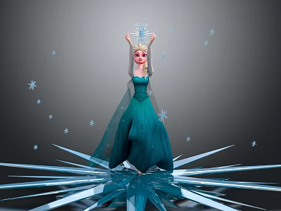 Elsa Raising Hands In Teal Gown With Snowflakes On Ice Crystal Platform 3d model