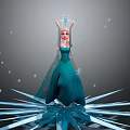 Elsa Raising Hands In Teal Gown With Snowflakes On Ice Crystal Platform