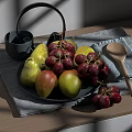 Fresh Pears and Red Grapes on Gray Placemat with Plate Wooden Spoon and Gray Cup