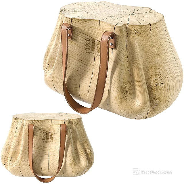 Natural Wooden Stool With Wood Grain Texture And Leather Carry Handles 3d model 