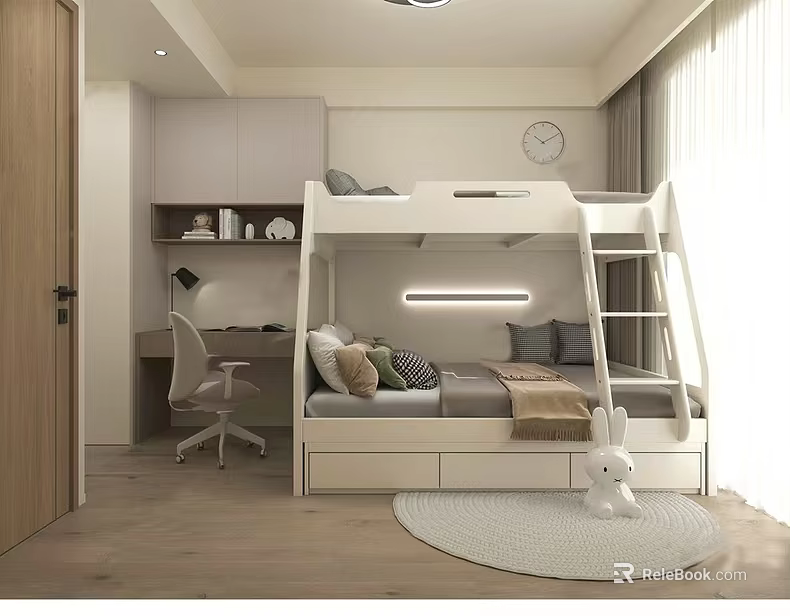 Modern Bunk Bed with Study Desk Storage Drawers and Natural Light in Children's Room 3d model 