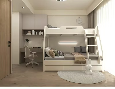 Modern Bunk Bed with Study Desk Storage Drawers and Natural Light in Children's Room 3d model