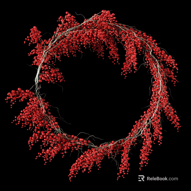 Circular Wreath Made of Red Berries and Branches on Black Background 3d model 