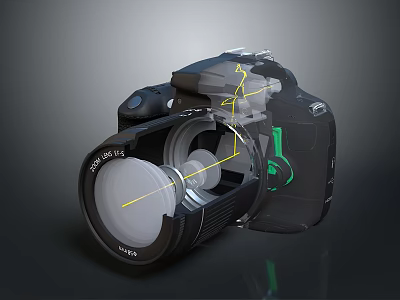 Digital Camera Cross Section View Showing Lens Internal Structure And Electronic Components With Green Indicator 3d model