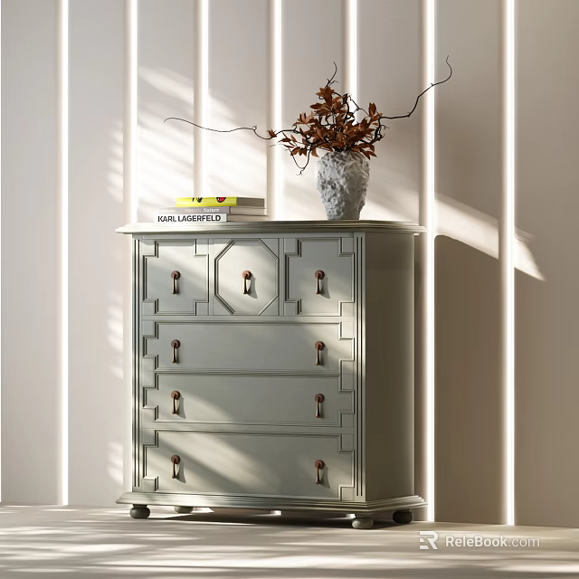 Light Gray Chest of Drawers with Metal Handles Vase Dried Flowers Book in Sunlit Room 3d model 