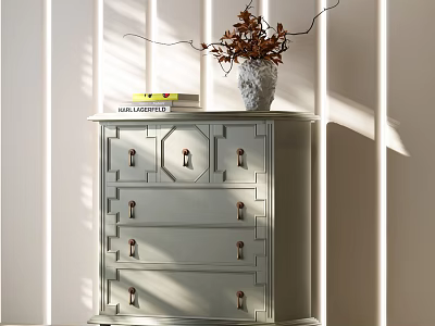 Light Gray Chest of Drawers with Metal Handles Vase Dried Flowers Book in Sunlit Room 3d model