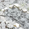 Snowy Garden Ornament With Frozen Pond Stones Snow Covered Ferns And Fallen Leaves