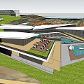 Modern Office Building with Green Roof Surrounded by Water Feature and Lush Greenery