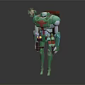 Mechanical Character in Green Armor with Red Details Shoulder Mount Standing Pose on Dark Background