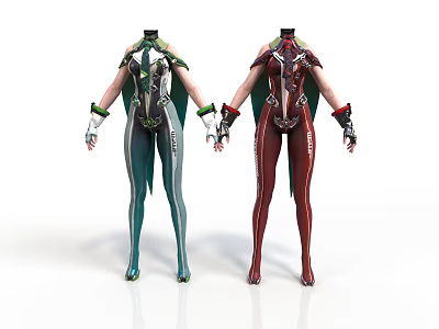 Futuristic Teal And Burgundy Fitted Costumes With Armor Like Details And Gloves 3d model