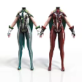 Futuristic Teal And Burgundy Fitted Costumes With Armor Like Details And Gloves