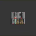 Green Robot Standing Between Metal Racks With Red Items And Yellow Crates