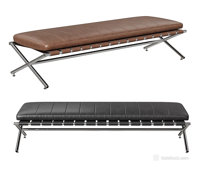 Modern Leather Sofa Bench in Brown and Black with Metal Frame Design 3d model 