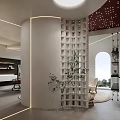 Modern Living Room Interior Design With Round Area Rug Beige Sofa Wall Shelves And Geometric Lighting