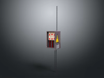 Outdoor Electrical Control Box With Red White Buttons Yellow Warning Sign And Support Pole 3d model