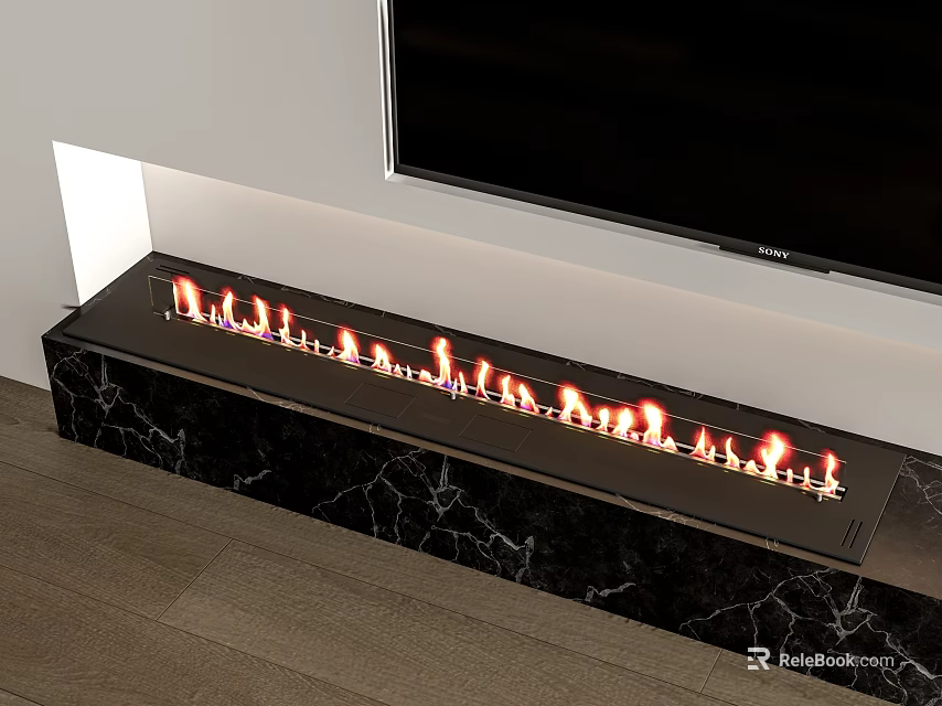 Modern Living Room Fireplace With Marble Surround And Burning Flames Above TV 3d model 