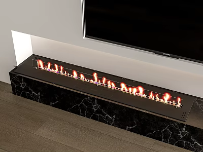 Modern Living Room Fireplace With Marble Surround And Burning Flames Above TV 3d model