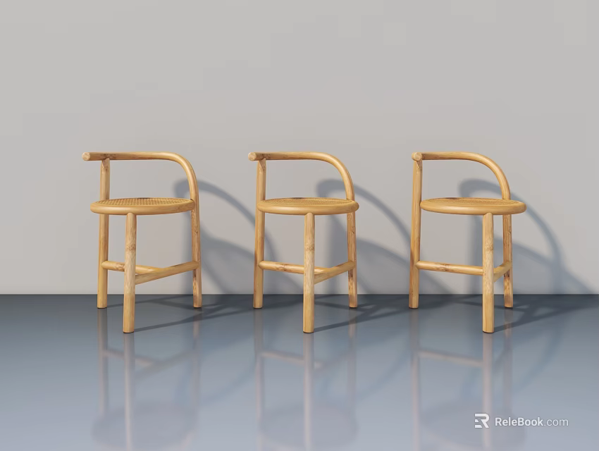Three Light Wood Bamboo Chairs With Curved Armrests And Gray Background Reflection 3d model 