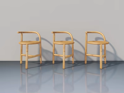 Three Light Wood Bamboo Chairs With Curved Armrests And Gray Background Reflection 3d model