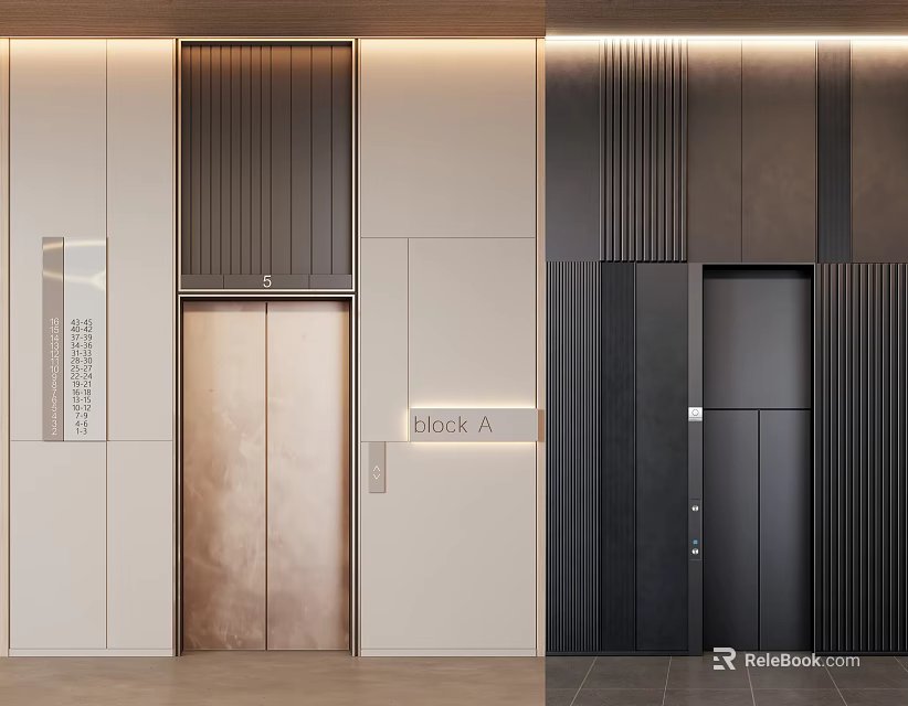 Elegant Modern Two Elevators With Metal Doors Marble Walls And Signage 3d model 