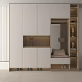 Modern Light Colored Shoe Cabinet With Multiple Doors Open Shelf Mirror And Seating Bench 3d model