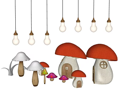 Colorful Mushroom Shaped Pendant Lights With Decorative Ornaments And Hanging Bulbs 3d model