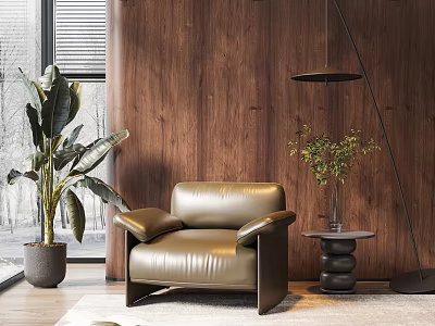 Brown Leather Single Seater Sofa In Modern Living Room With Wooden Wall And Green Plants 3d model