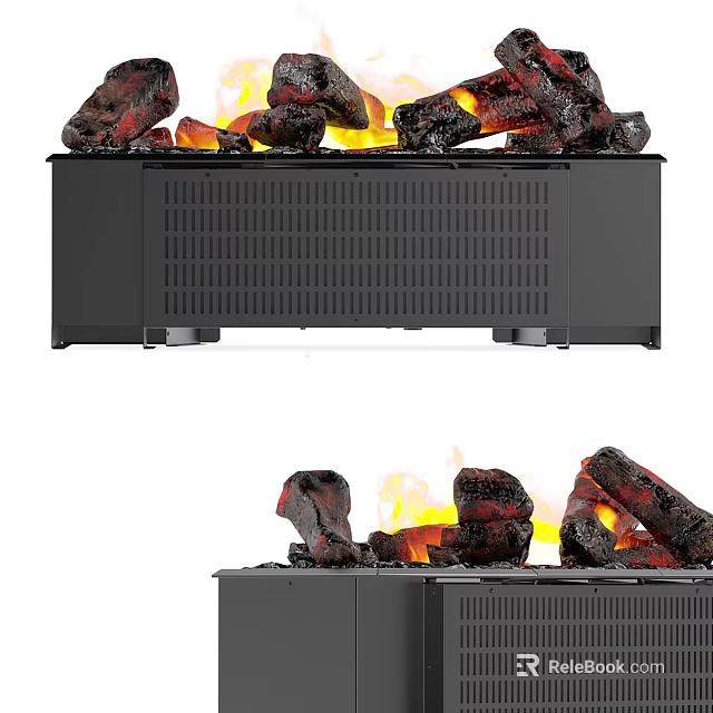 Modern Electric Fireplace With Black Grid Design Realistic Flames And Burning Logs 3d model 