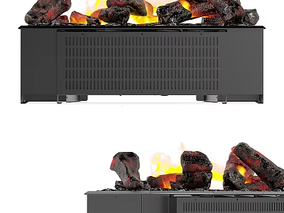 Modern Electric Fireplace With Black Grid Design Realistic Flames And Burning Logs 3d model