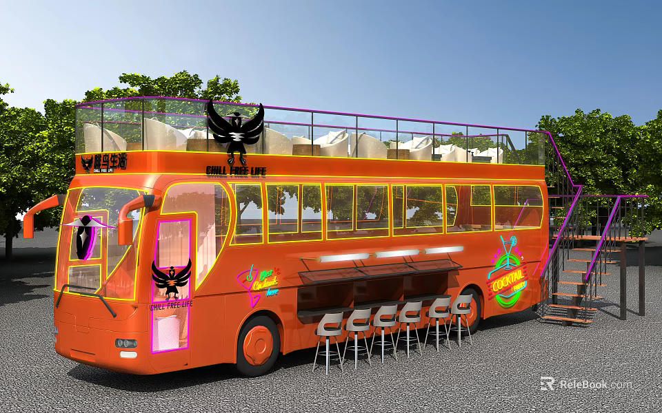 Orange Double Decker Bus With Outdoor Seating Bar Area And Staircase 3d model 