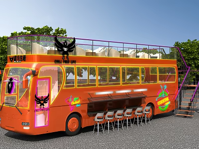 Orange Double Decker Bus With Outdoor Seating Bar Area And Staircase 3d model